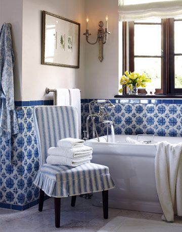 a bathroom with blue tiles