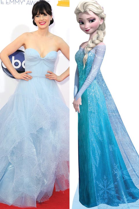 Zooey Deschanel in Reem Acra as Elsa from <em>Frozen</em>.