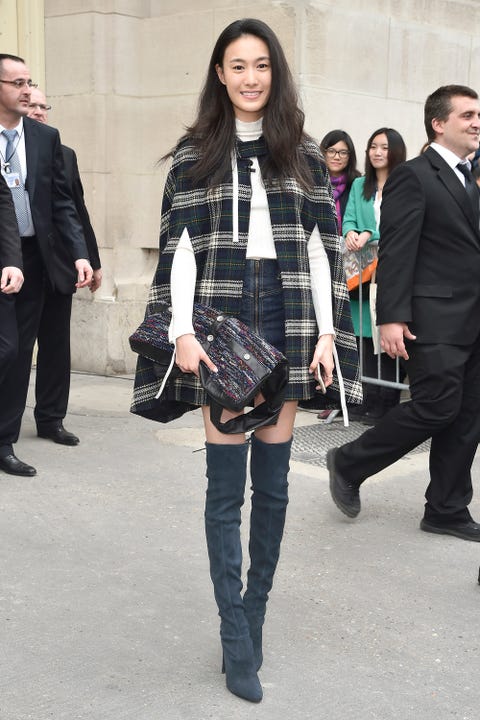 hbz-skirts-boots-02 PARIS, FRANCE - MARCH 10: Shu Pei Qin leaves the Chanel show as part of the Paris Fashion Week Womenswear Fall/Winter 2015/2019 on March 10, 2015 in Paris, France. (Photo by Jacopo Raule/Getty Images for Chanel)