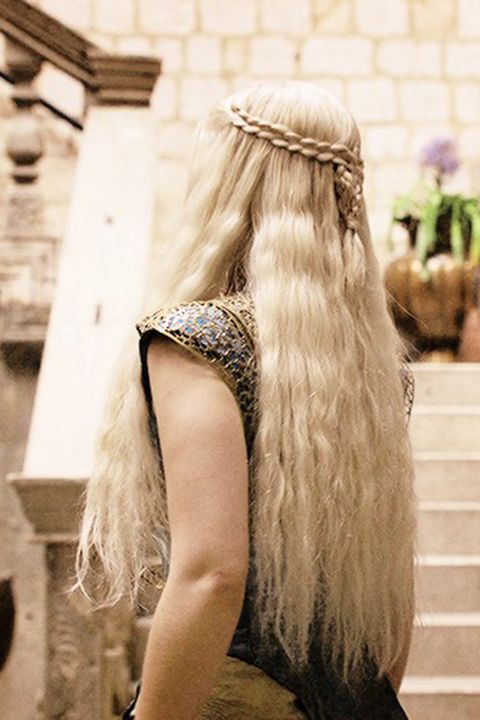 When pleading for the return of her dragons, Daenerys wears a two half braids that meet and wrap in the back.
