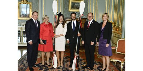(L to R) Sweden's Prime Minister Lefan Lofven (from L), his wife Ulla Lofven, Sofia Hellqvist, fiancee of Swedens Prince Carl Philip, Prince Carl Philip, Speaker of Parliament Urban Ahlin and his wife Jenni Ahlin pose with gifts given to the Prince couple during a reception at the Royal Palace in Stockholm, Sweden, on May 17, 2015, after a service in the Royal Chapel where the banns of marriage for Prince Carl Philip and Sofia Hellqvist were read. Their wedding is scheduled for June 13, 2015. AFP PHOTO / TT NEWS AGENCY / CLAUDIO BRESCIANI   SWEDEN OUT        (Photo credit should read Claudio Bresciani/AFP/Getty Images)