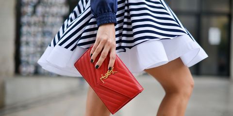 Clothing, Sleeve, Textile, Joint, Human leg, Red, Pattern, Style, Bag, Street fashion, 