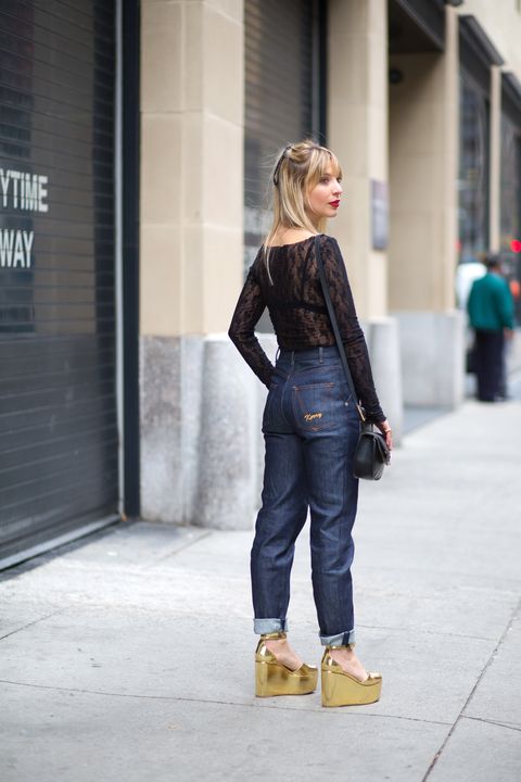 <p>"These monogrammed Vanessa Seward jeans are a made of a raw, structured denim, so I thought this sheer, lace top would make for a nice contrast."<em></em></p><p><em>Vanessa Seward jeans, $280, <a href="http://www.net-a-porter.com/us/en/product/590437/Vanessa_Seward/victoire-high-rise-slim-leg-jeans" target="_blank">net-a-porter.com</a>; Wolford bodysuit, $325, <a href="http://www.wolfordshop.com/product/boutique/lilie-string-body/79098/bodywear" target="_blank">wolford.com</a>; Celine shoes; Chloe bag, $1,090, <a href="http://www.stylebop.com" target="_blank">stylebop.com</a>.</em><br></p>