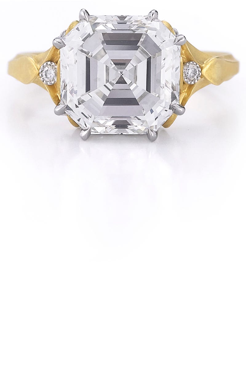<p>Ever since the two founders of this engagement ring go-to met in an elevator in New York's diamond district, they've collaborated on a collection that combines spectacular gems with otherworldly metalwork and craftsmanship.</p><p><span class="redactor-invisible-space"><br><br>
<em>McTeigue & McClelland 8 carat Asscher-cut "Classic Flora" ring handmade in 18k bloomed yellow gold and platinum. Price Upon Request, <a href="http://www.mc2jewels.com/">mc2jewels.com</a>. </em><br></span></p>
