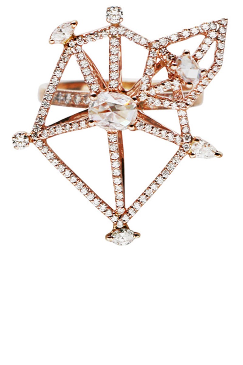 <p>After studying design, Chung was asked to be the face of a cable TV show and soon began designing her own accessories in hopes of making the sponsored outfits she was required to wear her own. Her rings, like the rest of her line, are geometric, and elaborate yet light, often with unique uses of color and texture.</p><p><span class="redactor-invisible-space"><em>Tana Chung "Constellation" rose-cut diamond ring. $6,200, <a href="https://www.plukka.com/jewelry/home">plukka.com </a></em><em><a href="https://www.plukka.com/jewelry/home"></a></em><br></span></p>