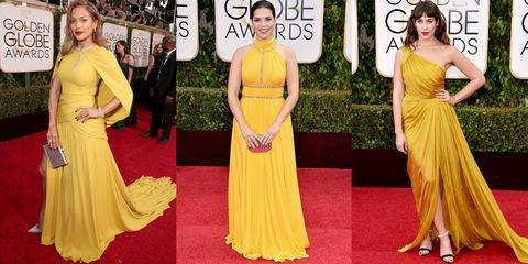 <p>While this controversial color is more likely to wow on olive or darker skin tones, these stars proved that marigold, mustard and ochre work best when paired with a bold red lip.</p><p><em>Pictured: Jennifer Lopez in Giambattista Valli Haute Couture, America Ferrera in Jenny Packham,  Lola Kirke in Monique Lhuillier</em></p>