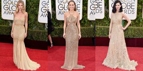 <p><em></em>These statuesque starlets chose metallic tones apropos for the Golden Globes, and you'll feel similarly when you see your crew sparkling (with flutes of like-colored champagne in hand!) on your day-of.
</p><p><em>Pictured: Rosie Huntington-Whiteley in Atelier Versace, Brie Larson in Calvin Klein and Eva Green in Elie Saab Haute Couture</em></p>