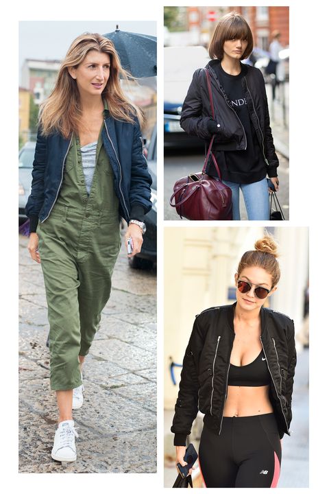 <p>Add some attitude to your style with an aviator-inspired bomber jacket. The timeless piece is great for layering, and it can be worn over fatigue-green overalls à la Sarah Ruston or on top of gym gear like Gigi Hadid. The key? Keep the rest of your outfit relaxed with simple accessories. </p>