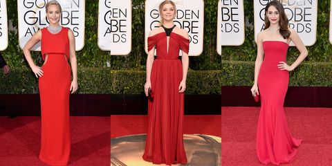 <p>While some cultures have brides traditionally decked in this tone,  your party will pop in this vibrant shade of scarlet.</p><p><em>Pictured: Jennifer Lawrence in Dior Haute Couture, Natalie Dormer in J.Mendel and Emmy Rossum in Armani Privé</em></p>