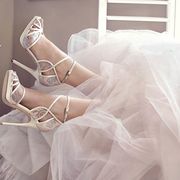 Bridal accessory, Dress, Fashion accessory, Wedding dress, High heels, Sandal, Bridal shoe, Bridal clothing, Embellishment, Veil, 
