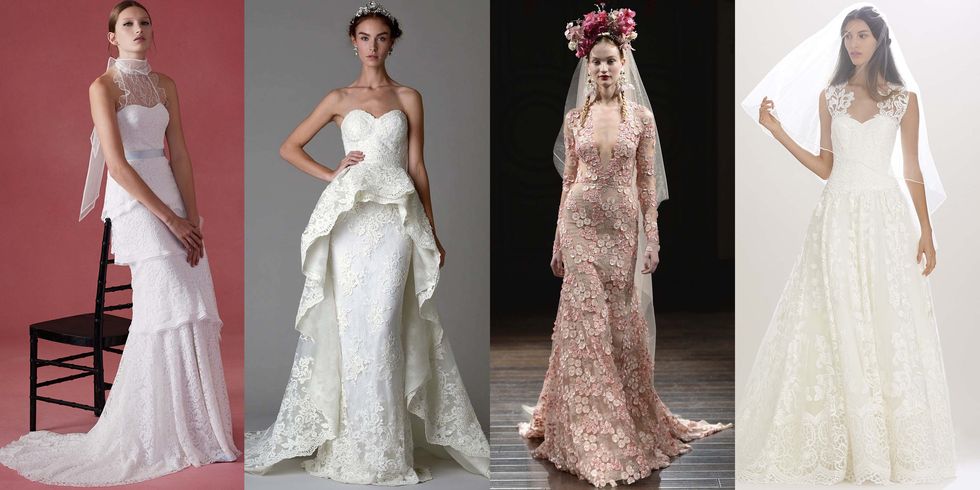 <p>Tiered skirts, dramatic flamenco-esque skirts, vibrantly-colored hair flowers and macramé lacework were only some of the Spanish influences on the Fall 2016 bridal collections. Long lace sleeves and mantilla veils were among some of our favorite ways this inspiration appeared, and a bride's ability to embrace the look  in small or large doses–from a single bold bloom in her hair to an all-over corded lace look–put this trend on our short list.</p><p><em>Oscar de la Renta Fall 2016; Marchesa Fall 2016; Naeem Khan Fall 2016; Carolina Herrera Fall 2016.</em></p>