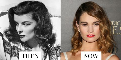<p>Lily James puts a silkier finish on her mid-length curls inspired by Katharine Hepburn.</p>