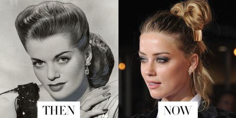 <p>Amber Heard's new age bun marries Janis Paige's structured knot with loose ends and a gold accessory—the perfect 21st century update.</p>