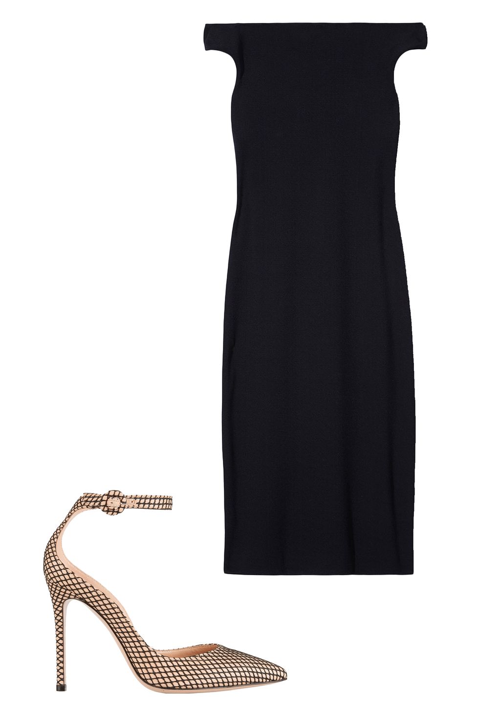 <p>Never leave home without a sophisticated LBD. It stands alone, or you can slip a lightweight knit on top to turn it into a pencil skirt. <em>Tibi Off-the-Shoulder Midi Dres</em><em>s, $425, <strong><a href="https://shop.harpersBAZAAR.com/designers/t/tibi/off-the-shoulder-midi-dress-6083.html" target="_blank">shopBAZAAR.com</a>; </strong></em><em>Gianvito Rossi Leather and Fishnet Pumps, $845, <strong><a href="https://www.net-a-porter.com/us/en/product/639383/gianvito_rossi/leather-and-fishnet-pumps" target="_blank">netaporter.com</a></strong>.</em></p>