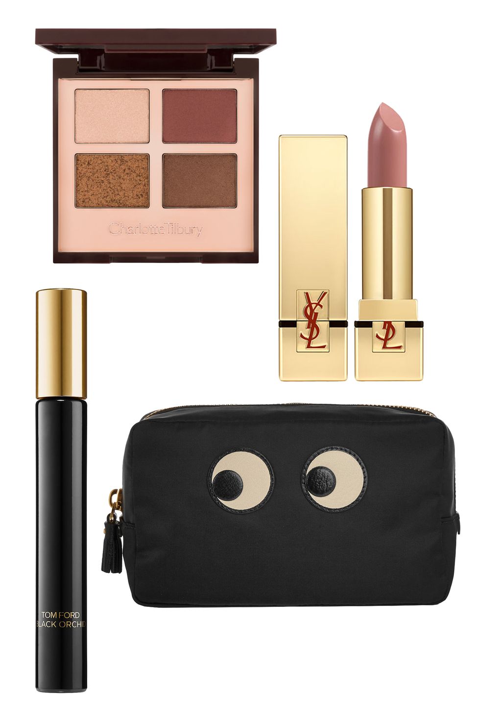 <p>Quite possibly the cutest way to tote your makeup must-haves. <em>Anya Hindmarch Eyes Textured Leather-Trimmed Cosmetics Case, $375, <strong><a href="https://www.net-a-porter.com/us/en/product/657570/Anya_Hindmarch/eyes-textured-leather-trimmed-cosmetics-case" target="_blank">netaporter.com</a>;</strong> </em><em>Tom Ford Black Orchid Rollerball, $45, <strong><a href="http://www.sephora.com/black-orchid-rollerball-P405428?skuId=1795343" target="_blank">sephora.com</a>;</strong> </em><em>Charlotte Tilbury Luxury Eyeshadow Palette in The Dolce Vita, $52, <strong><a href="http://shop.nordstrom.com/s/charlotte-tilbury-luxury-palette-colour-coded-eyeshadow-palette/3849074?origin=category-personalizedsort&contextualcategoryid=0&fashionColor=&resultback=3123" target="_blank">nordstrom.com</a>; </strong></em><em>Yves Saint Laurent Satin Radiance Lipstick in Delicate Nude Pink, $37, <a href="http://www.sephora.com/rouge-pur-couture-satin-radiance-lipstick-P272319?skuId=1293489" target="_blank"><strong>sephora.com</strong></a>. </em></p>
