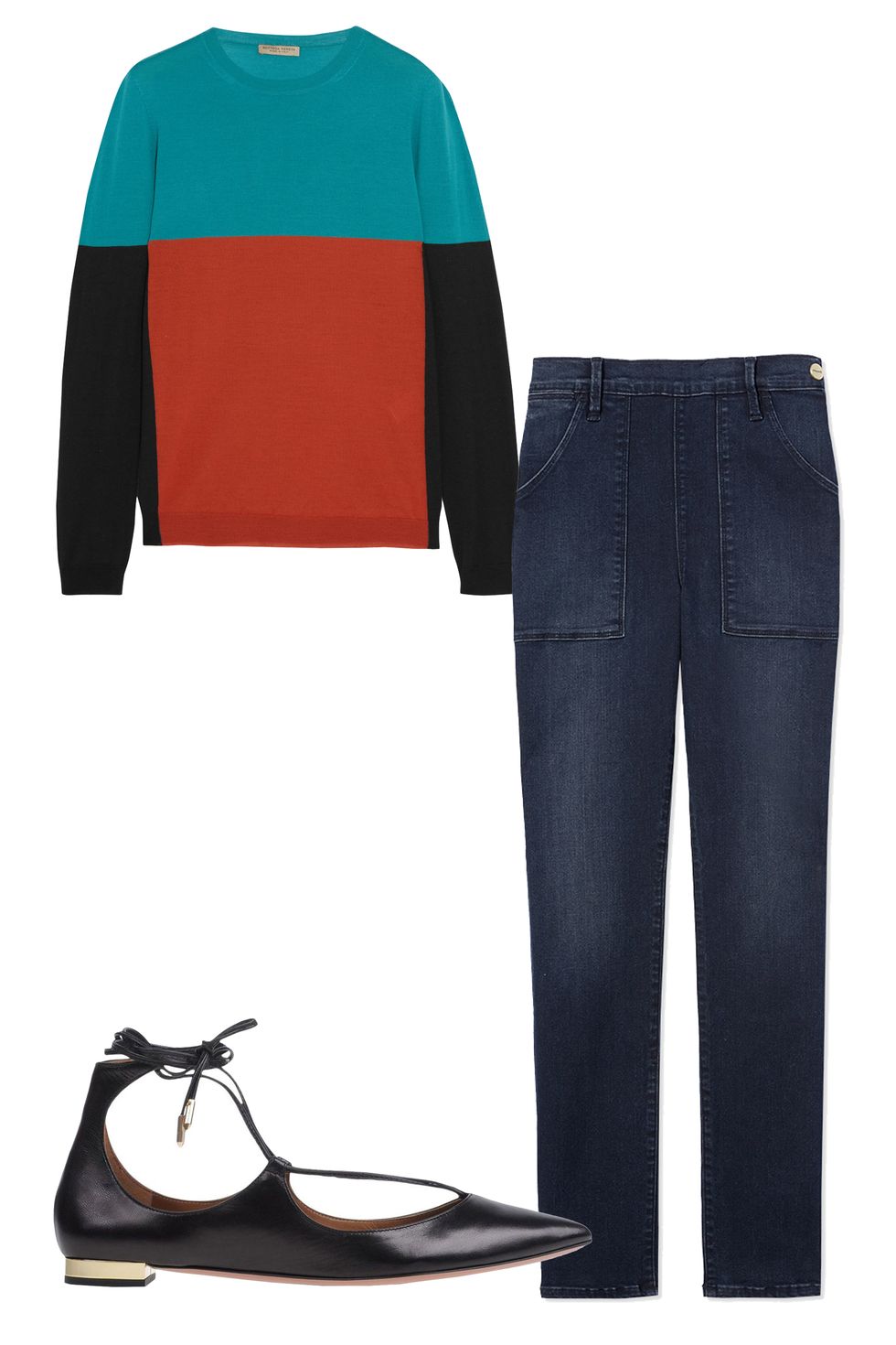 <p>Opt for dark denim with a bit of stretch for maximum comfort and style, then pack a lightweight cozy sweater and a chic pair of flats. Bonus: you can repeat this look for brunch. <em>Bottega Veneta Color-Block Merino Wool Sweater, $1,100,<strong> </strong><a href="https://www.net-a-porter.com/us/en/product/637834" target="_blank"><strong>netaporter.com</strong></a>; <em>Frame Le Skinny Francoise Jeans, $239, <a href="https://shop.harpersbazaar.com/designers/f/frame/le-skinny-de-francoise-7847.html" target="_blank"><strong>shopBAZAAR.com</strong></a>; </em></em><em>Aquazzura Black Tie Ballerina Flat, $675, <a href="https://shop.harpersBAZAAR.com/designers/a/aquazzura/black-ballerina-flat-7433.html" target="_blank"><strong>shopBAZAAR.com</strong></a>.</em></p><p><em></em><br></p><p><br></p><p><br></p>