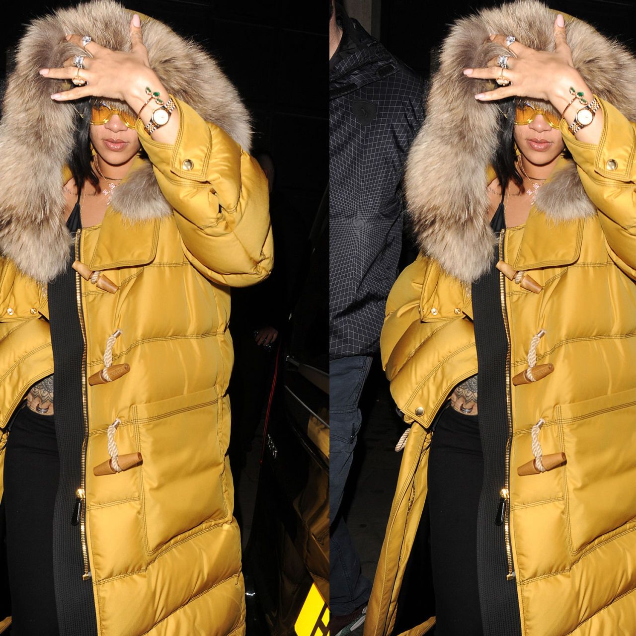 Yellow puffer coat deals with fur hood