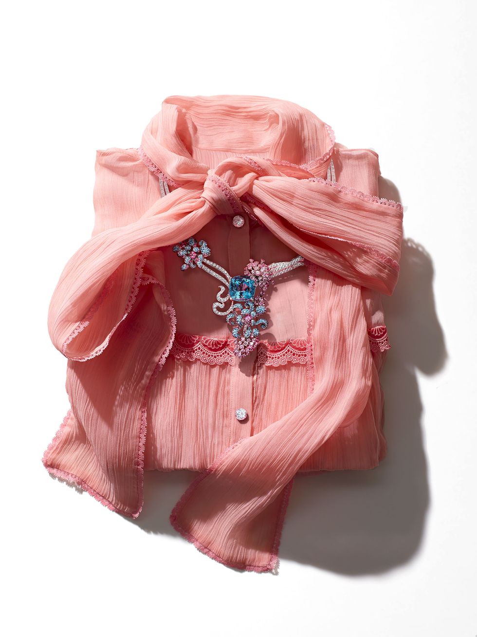 Collar, Dress shirt, Pink, Pattern, Maroon, Embellishment, Stole, Button, Wrap, Peach, 