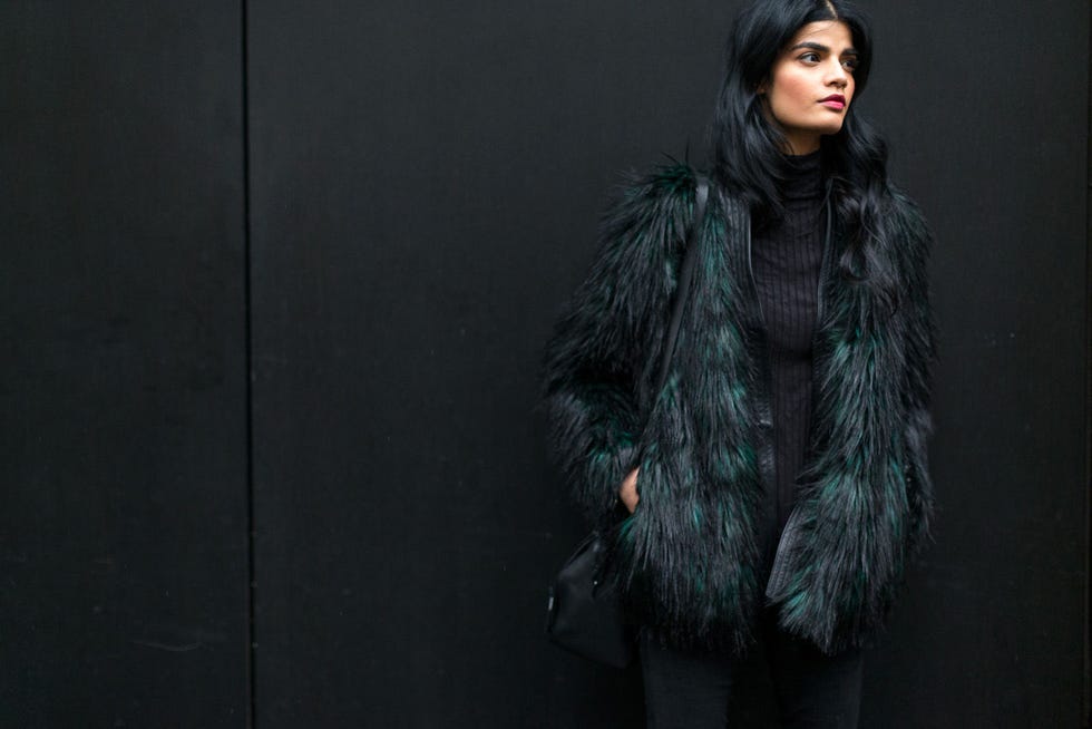 Sleeve, Jacket, Street fashion, Fashion, Fur clothing, Fur, Fashion model, Flash photography, Natural material, Model, 