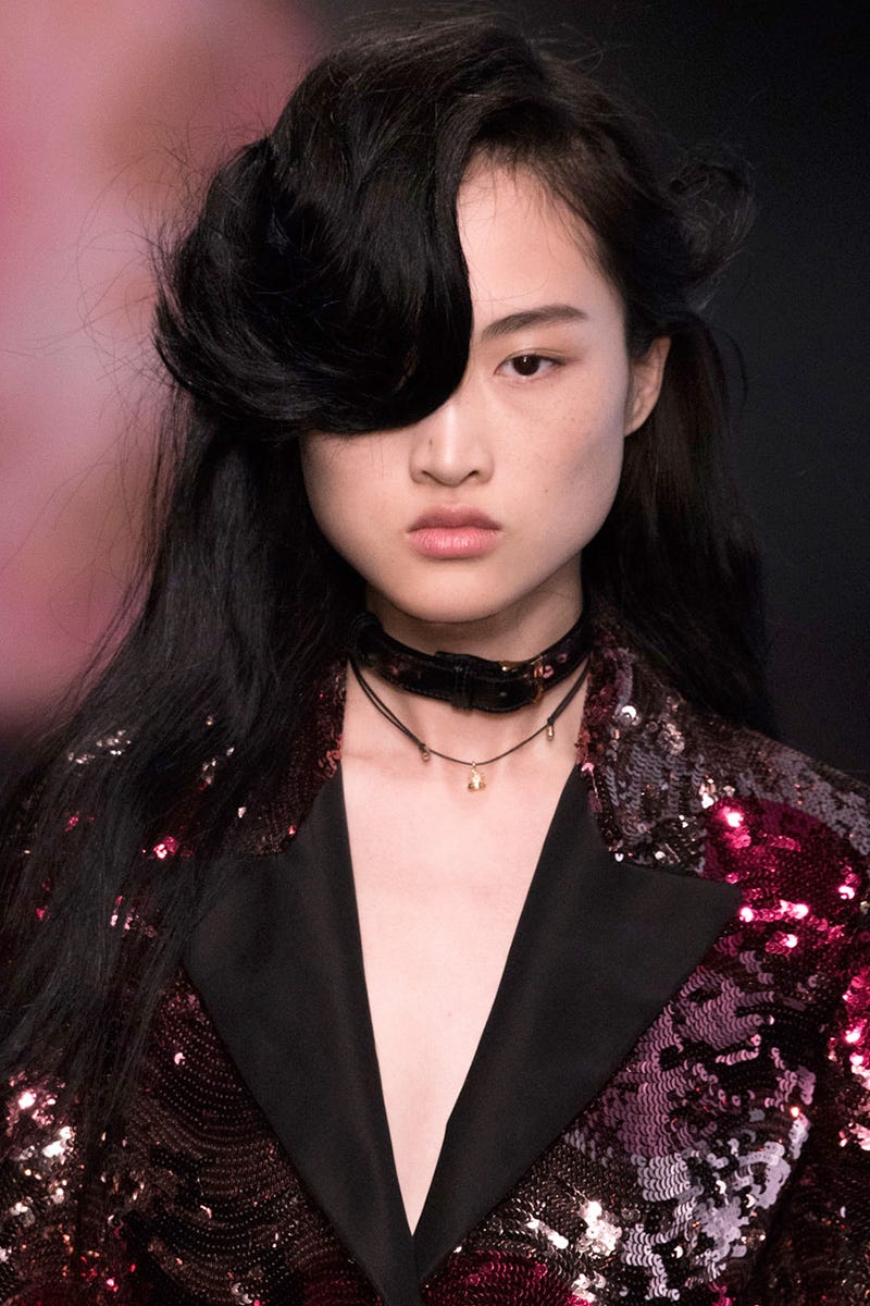 Lip, Hairstyle, Black hair, Fashion accessory, Eyelash, Jewellery, Beauty, Fashion, Neck, Body jewelry, 