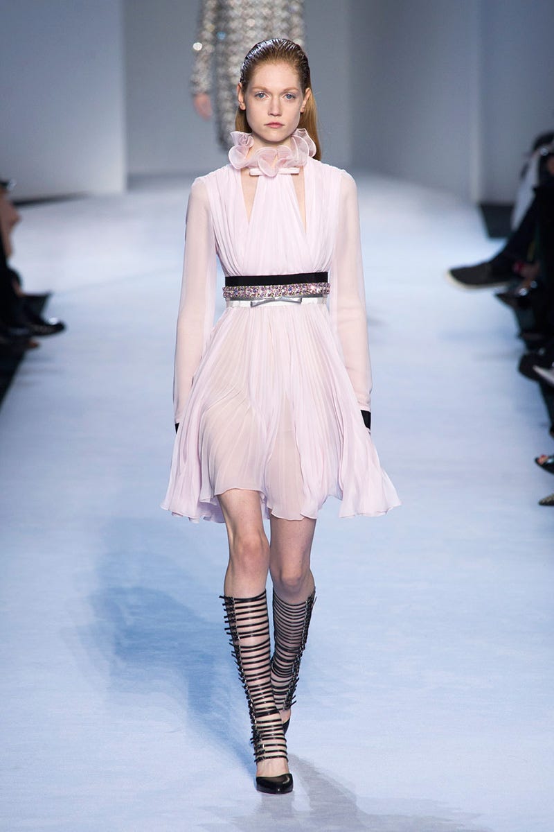 Clothing, Fashion show, Skin, Shoulder, Joint, Runway, Dress, Fashion model, Style, Waist, 