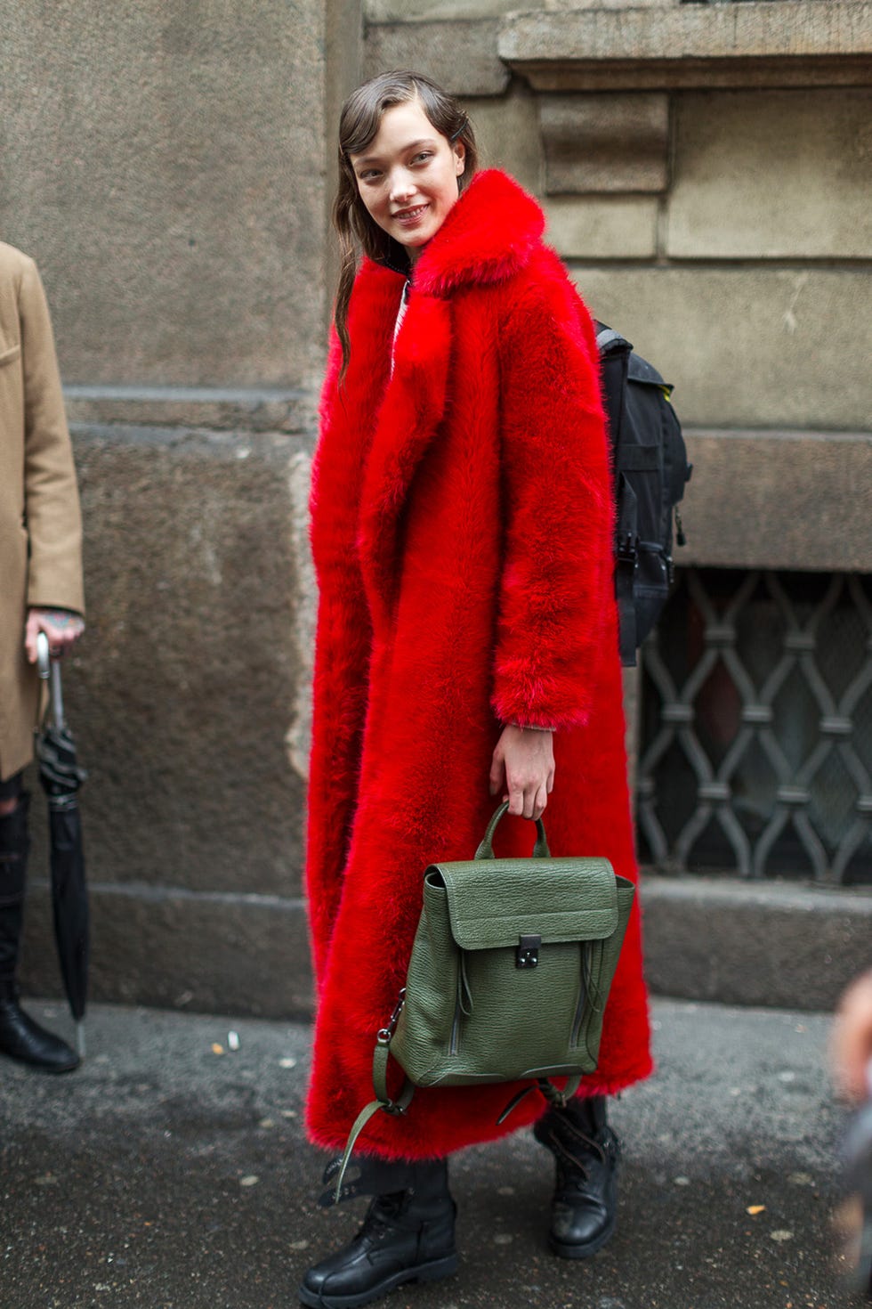 Clothing, Textile, Coat, Shoe, Winter, Outerwear, Standing, Red, Bag, Style, 