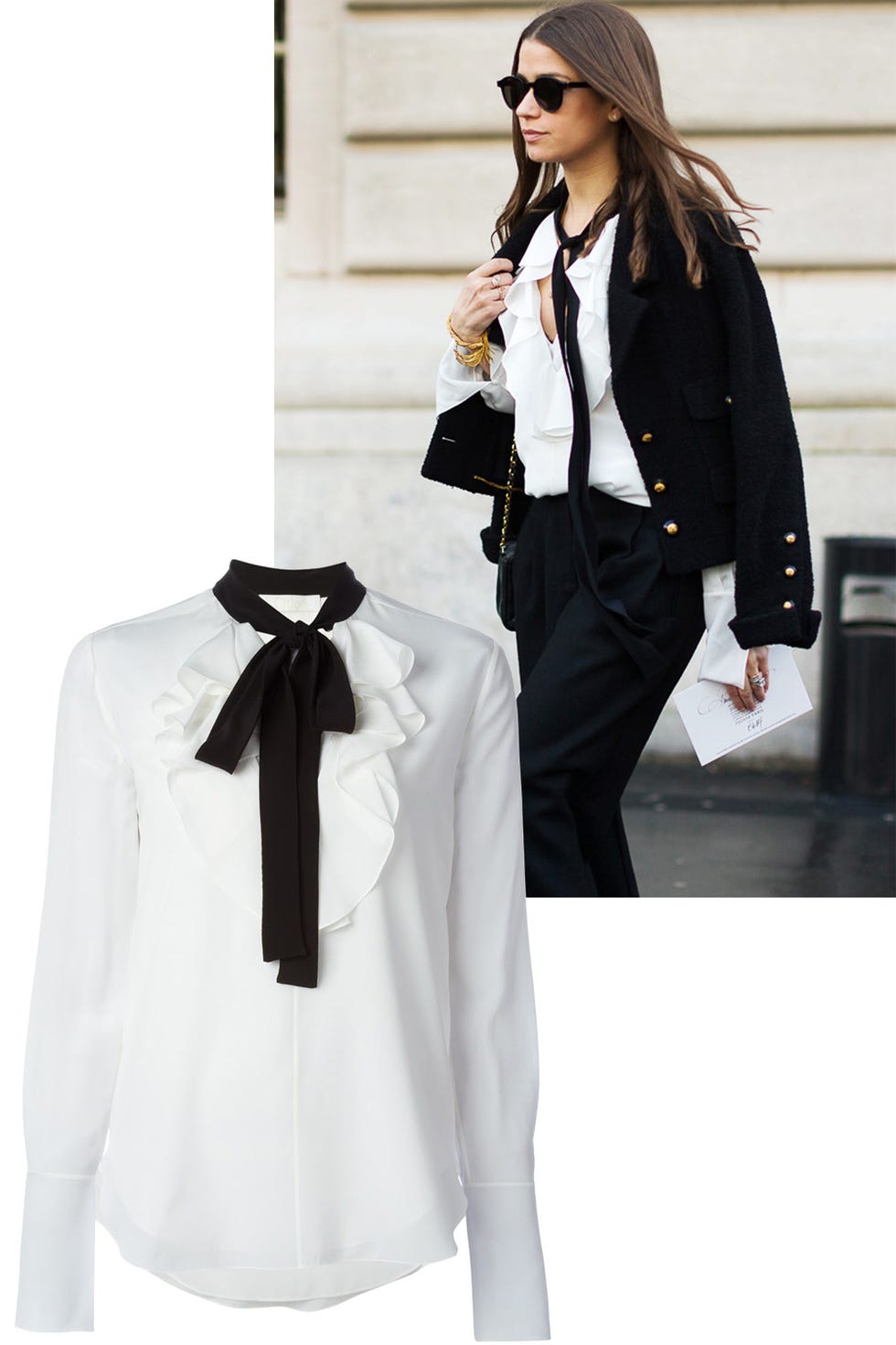 <p>Opt for a blouse that is anything but basic—ruffles always welcome.</p><p><em><strong>Chloé</strong><span class="redactor-invisible-space"> ruffle blouse, $1,250, <a href="https://shop.meltsflow.com/designers/c/chloe/ruffle-blouse-8731.html" target="_blank"><strong>shopBAZAAR.com</strong></a>. </span></em></p>