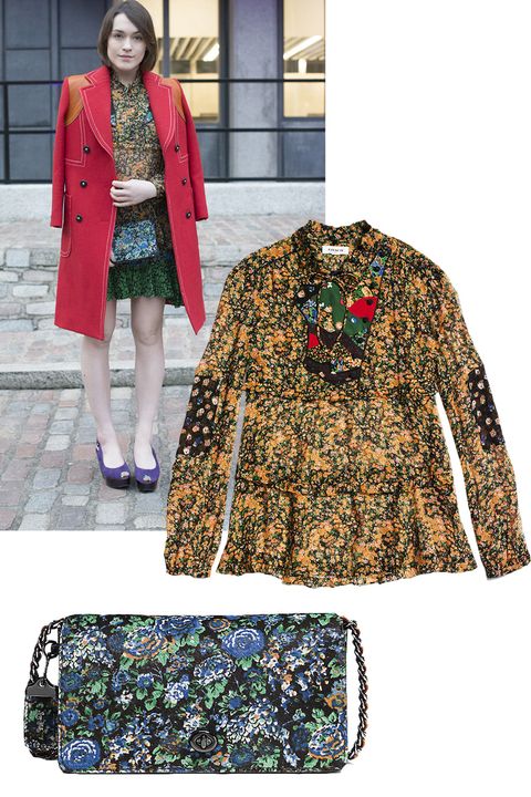 <p><strong>Who: </strong>Ella Catliff
</p><p><strong>Style Lesson: </strong>Juxtapose bright buds, like a floral blouse with a contrasting floral purse.<br>
</p><p><em>Coach <em>1941</em> Side Opening Blouse With Applique, $450, <a rel="noskim" href="http://www.coach.com/coach-designer-tops-side-opening-blouse-with-applique/86681.html?dwvar_color=YEO&CID=D_B_HBZ_10370" target="_blank">coach.com</a>; Coach <em>1941</em> Dinky Crossbody in Printed Haircalf, $595, <a rel="noskim" href="http://www.coach.com/coach-designer-crossbody-dinky-crossbody-in-printed-haircalf/38209.html?dwvar_color=DKFG5&CID=D_B_HBZ_10340" target="_blank">coach.com</a></em></p>