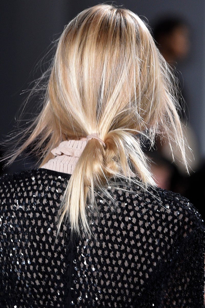 Hairstyle, Style, Blond, Street fashion, Long hair, Brown hair, Hair coloring, Back, Polka dot, Silver, 