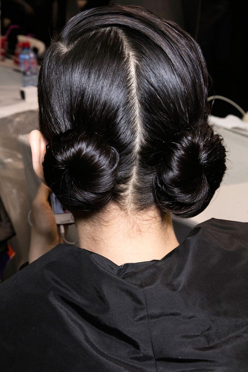 Ear, Hairstyle, Style, Back, Black hair, Neck, Long hair, Ponytail, Hair accessory, Bun, 