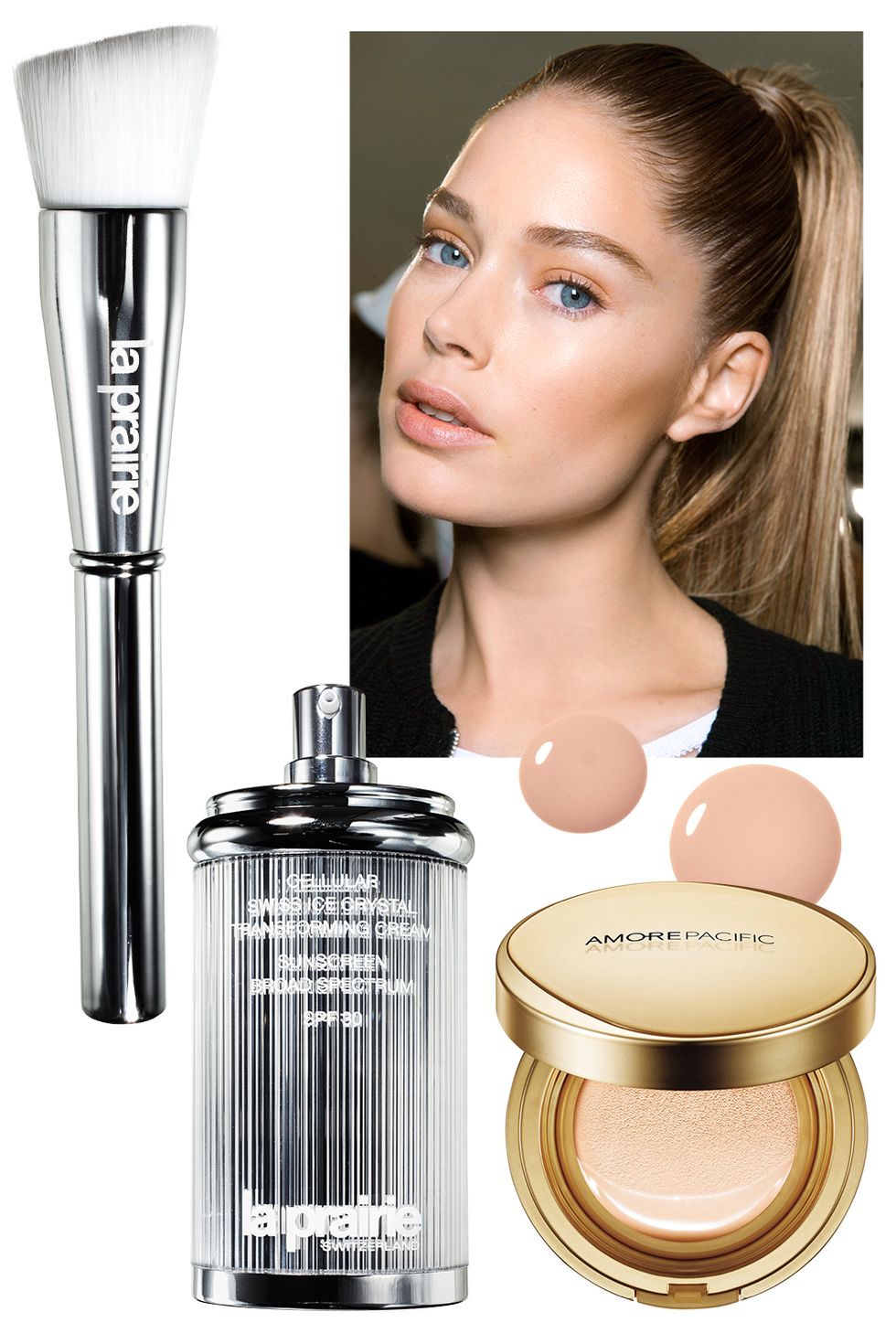 <p>"The most crucial anti-ager is SPF," insists San Diego dermatologist Melanie Palm. Shave time off your morning routine by using a base with flaw fighters and SPF added in. For full coverage with potent green-tea extracts, pat on AmorePacific's creamy foundation. La Prairie's light tint has skin-protective algae and botanical extracts.</p><p><strong>La Prairie</strong> Cellular Swiss Ice Crystal Transforming Cream SPF 30, $195, <a href="http://www.laprairie.com/default/ice-crystal/cellular-swiss-ice-crystal-cream/95790-01128-23.html" target="_blank">laprairie.com</a>; For the ultra-perfect complexion seen at Balmain, try<strong> L'Oréal Paris</strong> Visible Lift CC Cream SPF 20, $13, <a href="http://www.lorealparisusa.com/en/products/makeup/face/bb-cream/visible-lift-cc-cream.aspx" target="_blank">lorealparis.com</a>; <strong>AmorePacific </strong>Age Correcting Foundation Cushion SPF 25, $80, <a href="http://us.amorepacific.com/age-correcting-foundation-cushion-broad-spectrum-spf-25-104?gclid=CjwKEAjwlfO3BRDR4Pj_u-iO2U0SJAD88y1SBrCVkg8FgBd5AtvS859HGCKNJgvaqoLnbgGE-qivehoCjFrw_wcB&gclsrc=aw.ds" target="_blank">amorepacific.com</a>. </p>