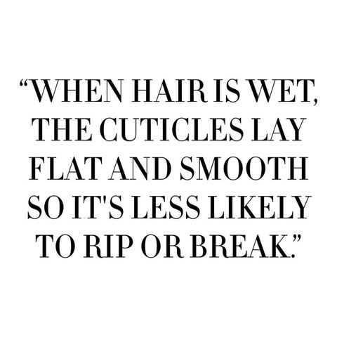 <p>Raking a comb through dry curls is like using a Brillo pad to iron a silk scarf. "When hair is wet, the cuticles lay flat and smooth so it's less likely to rip or break," says L'Oréal Paris hairstylist Mara Roszak. For the gentlest treatment, use a         widetooth comb with rounded tines, starting at the bottom and working upwards. Bonus points if you comb your hair in the shower when your conditioner is still intact. </p>