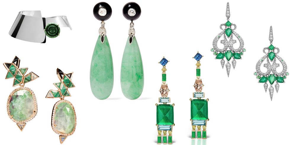 <p>While <em>Something Blue</em> will always be a requisite bridal extra, green baubles compliment most eye colors as well as gowns from traditional to super-sleek.</p><p><br></p><p><em><strong>Delfina Delettrez</strong> collar, $780, +44 20 7629 5550</em><em>;  Nak Armstrong </em> <em>one-of-a-kind emerald earrings, $12,850,<i> </i><i><a href="https://urldefense.proofpoint.com/v2/url?u=http-3A__barneys.com_&d=CwMFaQ&c=B73tqXN8Ec0ocRmZHMCntw&r=iYoypbJHPJkkAA_QaL8TkLxamyo1COLT2IcLoKY6r5w&m=dYZ8qBpdYeZDgBw19olQmeId90xVtJVRm0mUHKyc0LU&s=ScAsG7FDGQU-uAXFQ4V69117tVP9gMPco3_yShjUDAA&e=">barneys.com</a>;</i> <strong>Fred Leighton</strong> jade drop earrings, $7,815, <a href="https://www.net-a-porter.com/us/en/product/741986/Fred_Leighton/collection-18-karat-white-gold-multi-stone-earrings" target="_blank">net-a-porter.com</a>; <strong>Jane Taylor Jewelry</strong> emerald tassel earrings with blue sapphires, vivid yellow diamonds, champagne diamonds and aquamarine, $132,000, <a href="http://www.janetalor.com/shop http://www.janetaylor.com/shop/e942-emerald-tassel-earrings-with-sapphire-aquamarine-diamonds" target="_blank">janetaylor.com</a>; <strong>Stephen Webster </strong>chandelier e</em><em>arrings, $30,000, </em><em>310.246.9500.</em></p><p><span></span></p>