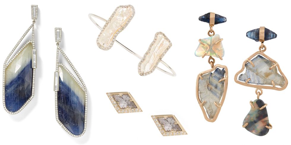 <p>Diamond slices, mother of pearl, rutilated quartz and raw stones feel undeniably boho, but the fine nature of these pieces still feel polished for a more formal approach to dressing for the beach, the desert or a woodland wedding.</p><p><br></p><p><em><strong>Monique Pean</strong> blue striped sapphire slice and white diamond earrings, $25,890, <a href="http://barneys.com" target="_blank">barneys.com</a>; <strong>Kimberly McDonald</strong> white gold, pearl and diamond cuff, $8,930, <a href="https://www.net-a-porter.com/us/en/product/714712/kimberly_mcdonald/18-karat-white-gold--pearl-and-diamond-cuff" target="_blank">net-a-porter.com</a>, <strong>AZLEE</strong> diamond slice studs, $3,810, <a href="http://azleejewelry.com/" target="_blank">azleejewelry.com</a>; <strong>Melissa Joy Manning</strong> raw sapphire and opal earrings, $4,175, <a href="https://www.net-a-porter.com/us/en/product/646301/Melissa_Joy_Manning/14-karat-gold-sapphire-and-opal-earrings" target="_blank">net-a-porter.com</a>.</em></p><p><br></p>