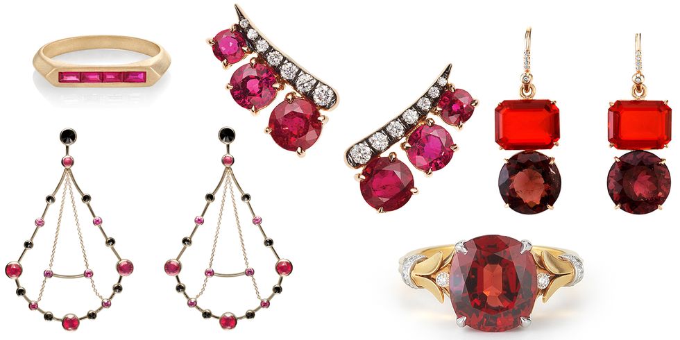 <p>Julia Robert's role in <em>Pretty Woman</em> put rubies on the map, and the bold-toned stone is a hot alternative to cool-hued extras. These are the timeless, sparkling alternatives to a bold lipstick choice or a scarlet manicure; trust us, opt for rich garnet baubles and nude nails instead. </p><p><br></p><p><em><strong>Lizzie Mandler </strong>ruby baguette band, $1,150, <a href="http://lizziemandler.com" target="_blank">lizziemandler.com</a>; <strong>Ara Vartanian</strong>  yellow gold earrings with rubies and inverted black diamonds, $17,800, email info@<a href="http://www.ara.com.br/" target="_blank">ara.com.br</a>; <strong>Jemma Wynne</strong> rose gold ruby and diamond ear climbers, $5,880, available at <a href="https://urldefense.proofpoint.com/v2/url?u=https-3A__www.shopsinglestone.com_&d=CwMFaQ&c=B73tqXN8Ec0ocRmZHMCntw&r=iYoypbJHPJkkAA_QaL8TkLxamyo1COLT2IcLoKY6r5w&m=O2LRacdSmr_AFSw3w_BIDfWTTH5AaxVK9n6wubYqG0E&s=l-rm_TCq_XN4gd0k4QoRybw6x2RblyNfK5BYqtiUrIY&e=">shopsinglestone.com</a>; <strong>Irene Neuwirth </strong>fire opal and pink tourmaline earrings, $14,180, <a href="https://shop.harpersbazaar.com/designers/i/irene-neuwirth/fire-opal-pink-tourmaline-earrings-5141.html" target="_blank">shopbazaar.com</a>; </em><em><strong>McTeigue & McClelland</strong> ruby and yellow gold engagement ring, price upon request, <a href="http://www.mc2jewels.com/" target="_blank">mc2jewels.com</a>.</em></p>