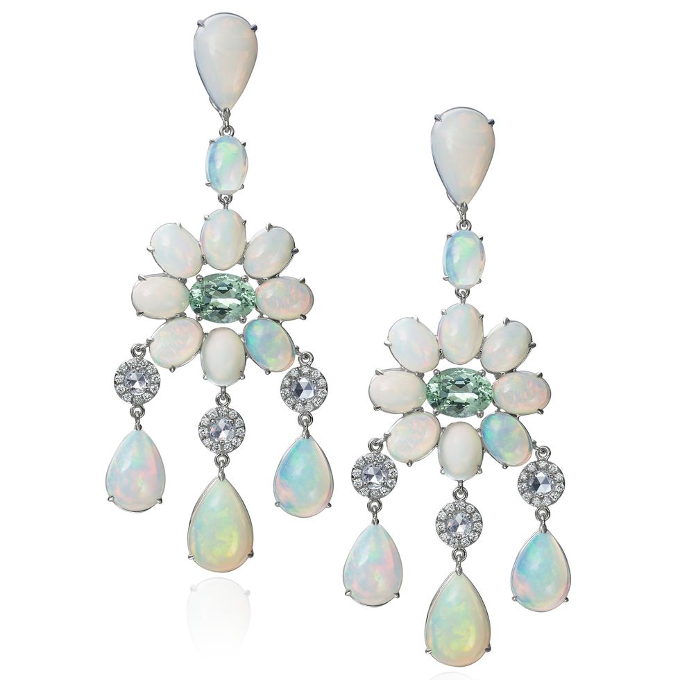 <p>Moonstones (and opals) pick up subtle color variations in soft-colored gowns–from blush to champagne to platinum grey–and feel a bit more fresh than classic diamonds.</p><p><br></p><p><em><strong>Nina Runsdorf </strong>earrings in 18K white gold, blue moonstone and rose-cut diamonds with pavé diamonds, </em><em>$29,150, <a href="http://justoneeye.com/" target="_blank">justoneeye.com</a>.</em></p>