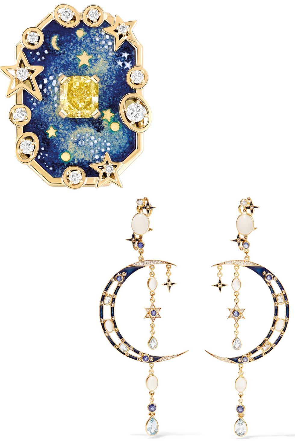 <p>Celestial-inspired jewelry feels as romantic as a floral motif, but with an element of whimsy–and a cheeky nod to your dreams of the perfect day.</p><p><br></p><p><em><strong>CHANEL Fine Jewelry</strong> 'Vendôme Comète' ring in yellow gold and "grand feu" enamel set with a 1.5 carat cushion cut yellow diamond and brilliant cut diamonds, price upon request, </em><em><a href="http://www.chanel.com/en_US/" target="_blank">chanel.com</a>; <strong>Percossi Papi </strong>chandelier earrings, $1,400, <a href="https://www.net-a-porter.com/us/en/product/692181/Percossi_Papi/gold-plated-multi-stone-earrings" target="_blank">net-a-porter.com</a>.</em></p>