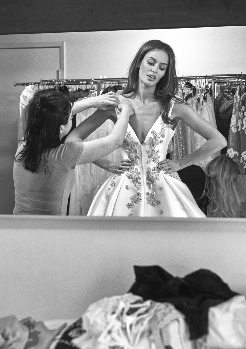 Photograph, White, Dress, Fashion, Long hair, Model, Day dress, One-piece garment, Bride getting dressed, Embellishment, 