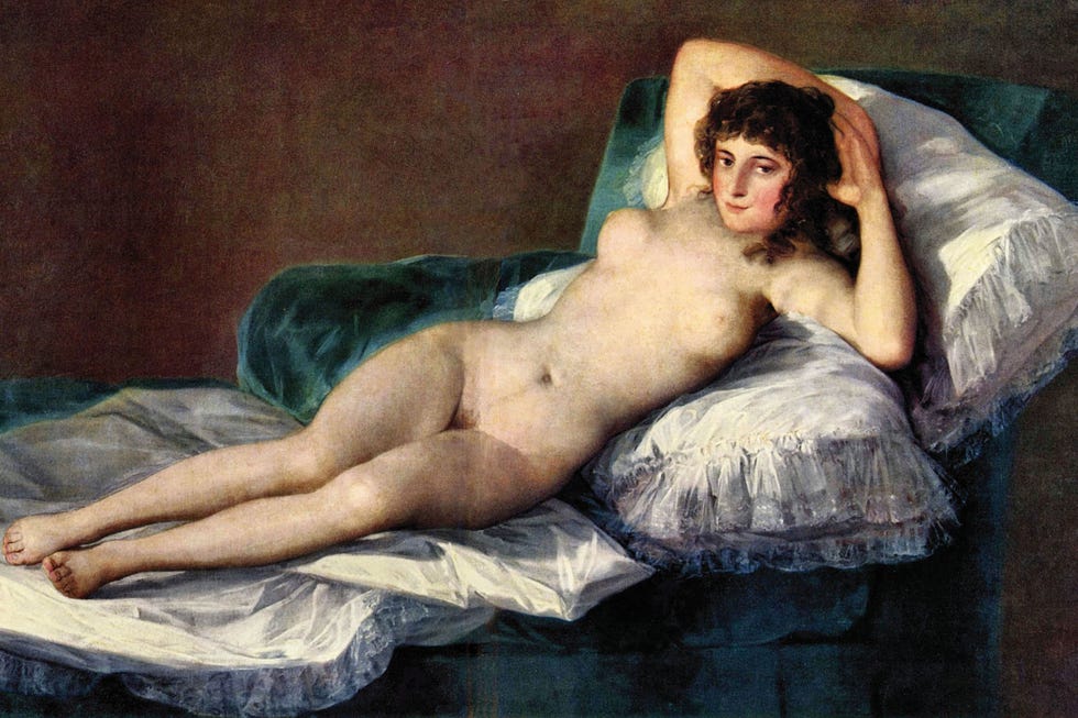 <p>Francisco Goya paints <i>La maja desnuda</i>, a fully nude woman with pubic hair. Spanish society is enraged. </p>