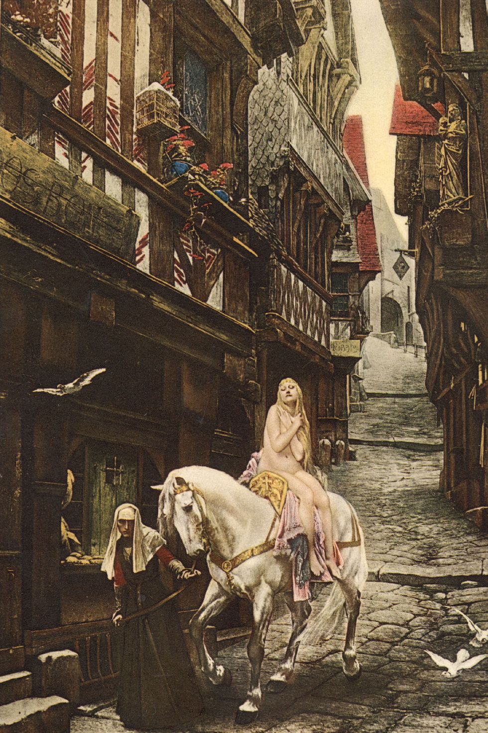 <p>
Lady Godiva rides a horse naked through the streets of Coventry to protest her husband's tax policies. </p>