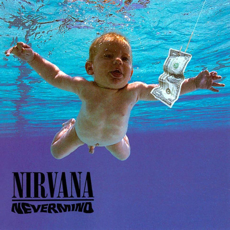 <p>Nirvana <em>Nevermind</em> album cover features naked baby in water.</p>