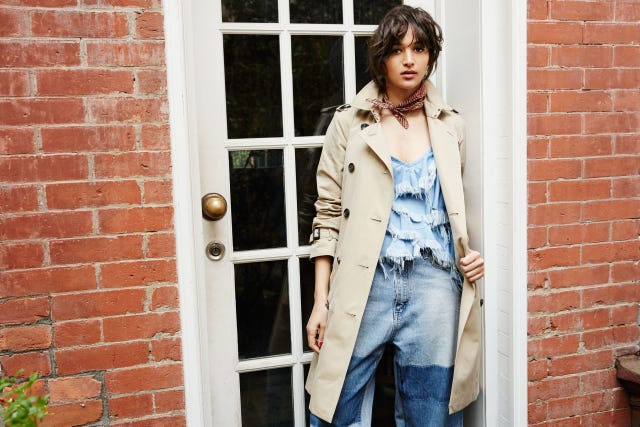 Brick, Denim, Jeans, Collar, Brickwork, Dress shirt, Pocket, Door, Street fashion, Fixture, 