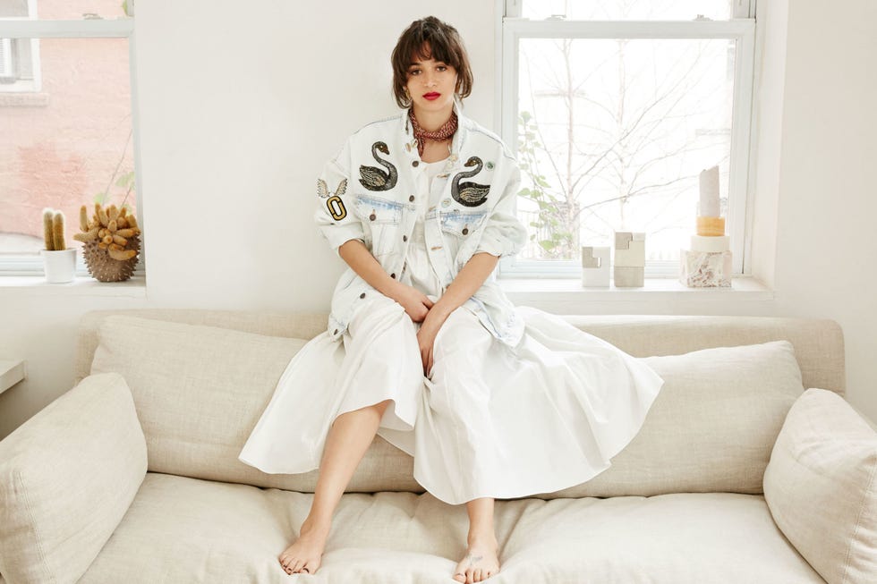 <p>"I love a good denim jacket and the ease of this dress. I could put it on in the beginning of summer and keep it on until September. I would wear it when hosting, entertaining, getting coffee, everywhere!"</p><p><em>Marc Jacobs Oversized Bleached Denim Jacket, for similar styles visit <a href="http://shop.nordstrom.com/sr?keyword=marcjacobs&contextualcategoryid=0" target="_blank">nordstrom.com</a>; Maryam Nassir Zadeh Carnelia Dress, <a href="http://www.mnzstore.com/collections/clothing/products/carnelia-dress-grey-paper-cotton" target="_blank">mnzstore.com</a>; scarf, Gohar's own</em></p>