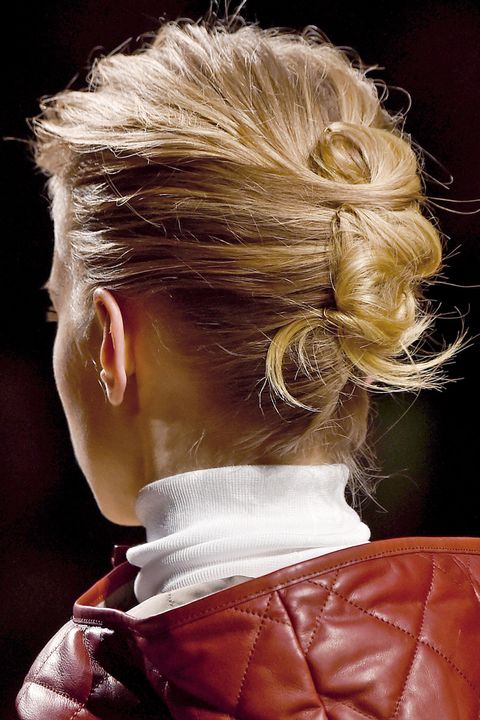 Hairstyle, Style, Fashion, Blond, Liver, Brown hair, Fashion design, Leather, Hair coloring, Chignon, 