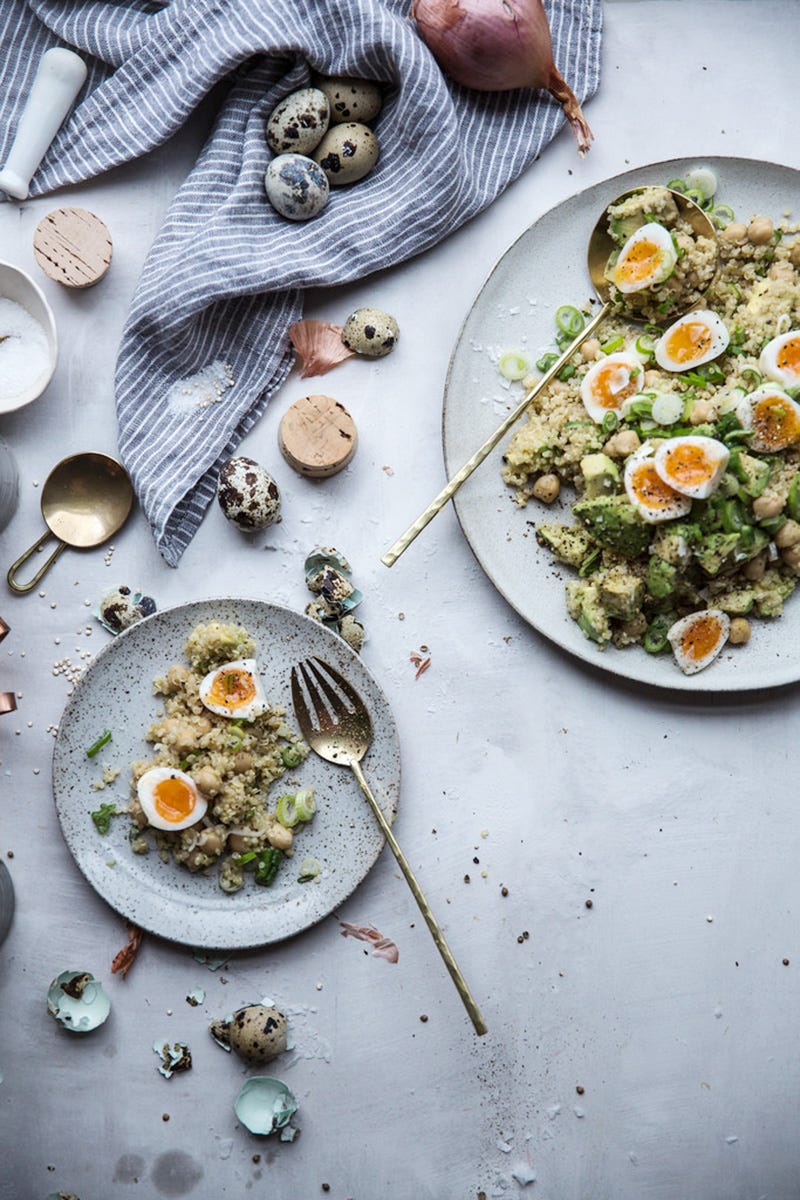 <p><a href="http://localmilkblog.com/2016/02/expecting-eats-chickpea-quinoa-salad-with-miso-lemon-vinaigrette.html" target="_blank">Chickpea and Quinoa Salad with Miso Vinaigrette</a> </p><p>By Beth Kirby of <a href="http://localmilkblog.com/" target="_blank">Local Milk</a></p><p><strong>Ingredients:</strong></p><ul>
<li>1 cup dried chickpeas (garbanzo beans), soaked overnight (or 1 organic, low sodium can drained & rinsded in a pinch but dried is highly preferable)</li>
<li>2 cups cooked quinoa (3/4 cup well-rinsed uncooked + 1.5 cups water + ¼ teaspoon kosher salt)</li>
<li>5 soft boiled quail egg halved (2.5 minutes in boiling water) or 4 soft boiled chicken eggs quartered (6 minutes in boiling water)</li>
<li>juice of one meyer lemon (or regular lemon)</li>
<li>1 tablespoon olive oil</li>
<li>1 tablespoon white miso paste</li>
<li>1 teaspoon honey</li>
<li>1/8 teaspoons cayenne</li>
<li>1/8 teaspoon cumin</li>
<li>1 ripe avocado, diced</li>
<li>4-6 scallions, sliced thinly</li>
<li>½ teaspoon fresh, course ground coriander</li>
<li>sea salt & freshly ground black pepper to taste</li>
</ul><p><strong>Directions:</strong></p><ul>
<li>You will want to soak your chickpeas the night before you intend to make them. My tip is to soak and cook more than you need for the recipe and refrigerate or freeze the rest.</li>
<li>When ready to cook your chickpeas, drain them, place them in a large pot and cover with a good few inches of water. do not salt the water as this can make them less tender.</li>
<li>Bring the pot to a boil, reduce to a simmer, and cook 1 hour to 1.5 hours or until tender. (I cook longer for hummus, less long for soups, salads, etc.)</li>
<li>Drain and cool the cooked beans. You can store them in a ziplock or other container for 3-4 days in the fridge or in the freezer (pat dry, freeze in single layer on parchment lined sheet tray for 30 min, then bag) for one year!</li>
<li>While the chickpeas cook, cook the quinoa if you haven't already (can be made the day before) by bringing it to a boil with the water and salt, reducing to a simmer, covering, and cooking for 15 minutes. After 15 minutes, turn off the heat and let sit covered for another 10 minutes. Fluff with a fork.</li>
<li>Make your dressing while the grains and beans cook. in a bowl combine the miso, lemon juice, honey, olive oil, cumin, and cayenne.</li>
<li>In a mixing bowl combine the cooked chickpeas, quinoa, and avocado. toss with the dressing to thoroughly combine, being careful to not be too rough with the avocado. toss with the scallions and coriander seed. top with eggs and salt & pepper to taste. love this with a glass of kombucha or green juice alongside it for the perfect fresh lunch!</li>
</ul><p>Note: When boiling the eggs, don't start them in cold water. Put them directly in boiling water and once their time is up, place them in an ice bath to prevent them from cooking further and to make for easy peeling!</p>