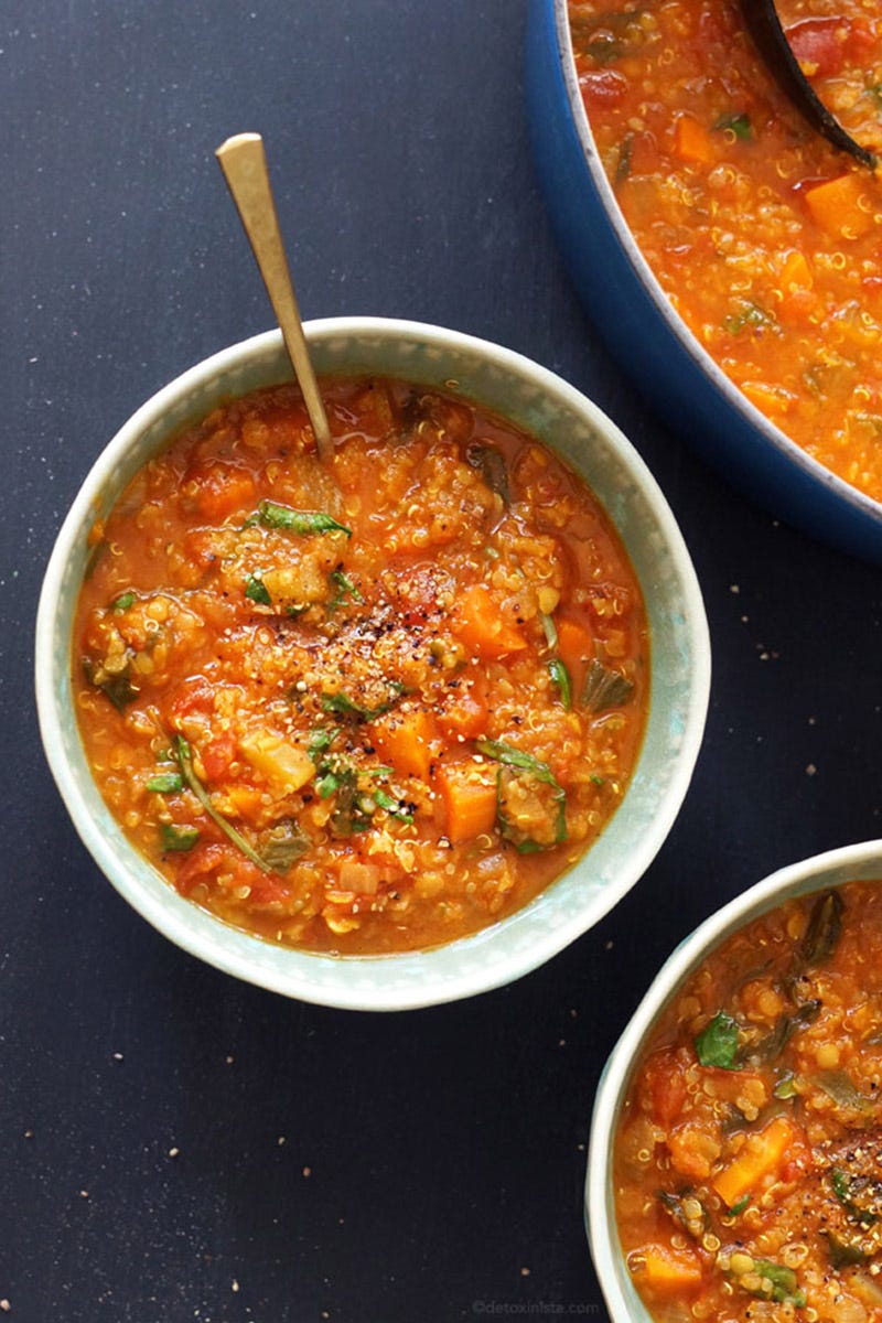 <p><a href="http://detoxinista.com/2016/01/lentil-kale-quinoa-stew-vegan/" target="_blank">Lentil, Kale and Quinoa Stew (Vegan)</a> </p><p>By Megan Gilmore of <a href="http://detoxinista.com/" target="_blank">Detoxinista</a></p><p>Serves 4-6</p><p><strong>Ingredients: </strong></p><ul>
<li>1 tablespoon coconut oil</li>
<li>1 yellow onion</li>
<li>3 carrots</li>
<li>3 celery stalks</li>
<li>4 cloves garlic</li>
<li>1 ½ teaspoon ground cumin</li>
<li>½ teaspoon ground ginger</li>
<li>½ teaspoon ground turmeric</li>
<li>2 teaspoon salt, plus more to taste</li>
<li>1 cup red lentils</li>
<li>½ cup dry quinoa</li>
<li>5 cups water</li>
<li>26.5 oz box of chopped tomatoes</li>
<li>2 cups chopped kale, tough stems removed</li>
<li></li>
</ul><p><strong>Directions: </strong></p><ul>
<li>Melt the coconut oil in a large pot over medium heat and sauté the onions, carrots, and celery until tender, about 8 minutes. Add in the minced garlic and sauté another minute, just until fragrant. Add in the cumin, ginger, turmeric, salt, lentils, quinoa, water, and tomatoes and bring the soup to a boil. Once boiling, lower the heat and cover the pot to let everything simmer until the lentils are tender, about 20 minutes.</li>
<li>Once the lentils and vegetables are very tender, stir in the chopped kale and cook until it's wilted, just a few minutes. Season with additional salt, if desired, (I added a ½ teaspoon myself) and serve warm. Leftovers can be stored in the fridge for up to 4 days, and I think this would make a great packed lunch in a thermos for the week, too!</li>
</ul>