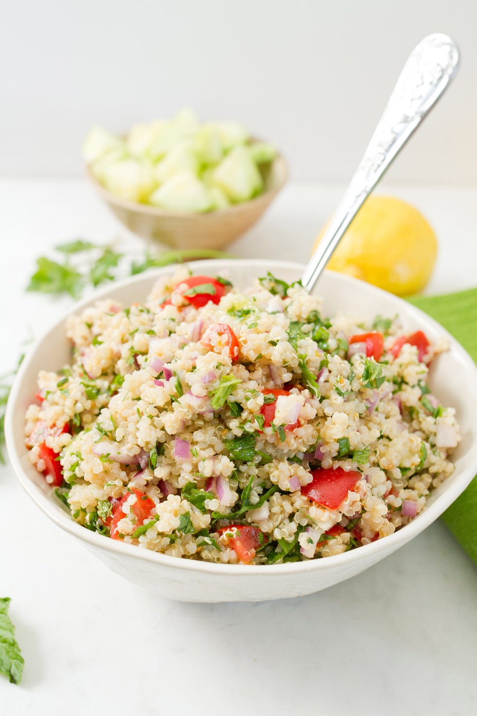 <p><a href="http://www.eatingbirdfood.com/quinoa-tabbouleh/" target="_blank">Quinoa Tabbouleh</a> </p><p>By Brittany Mullins of <a href="http://www.eatingbirdfood.com/" target="_blank">Eating Bird Food</a></p><p>Serves 4</p><p><strong>Ingredients: </strong></p><ul>
<li>1 cup uncooked quinoa, rinsed and drained</li>
<li>1 cup fresh parsley, chopped</li>
<li>½ cup fresh mint, chopped</li>
<li>1 cup cherry tomatoes, diced</li>
<li>½ cup chopped cucumber</li>
<li>1 cup finely chopped red onion</li>
<li>juice from 1 lemon</li>
<li>¼ cup olive oil</li>
<li>½ teaspoon sea salt</li>
<li></li>
</ul><p><em>For the full recipe, visit <a href="http://www.eatingbirdfood.com/quinoa-tabbouleh/" target="_blank">eatingbirdfood.com</a>.</em></p>