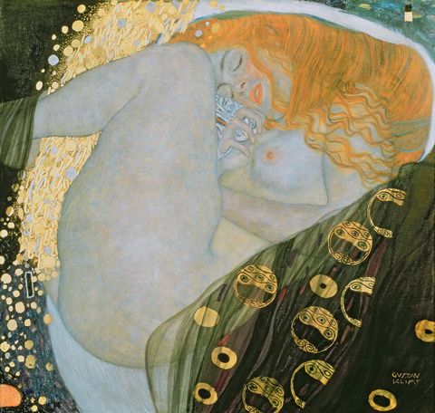 <p>A virtuosic fusion of bright gold and luxurious red pigment, Klimt's <em>Danae</em> is one of the most beautiful paintings from the Viennese Symbolist movement.  Portraying the classical princess as she is visited by Zeus as a shower of gold, <em>Danae</em> is as sensuous as a work on canvas can get.</p>