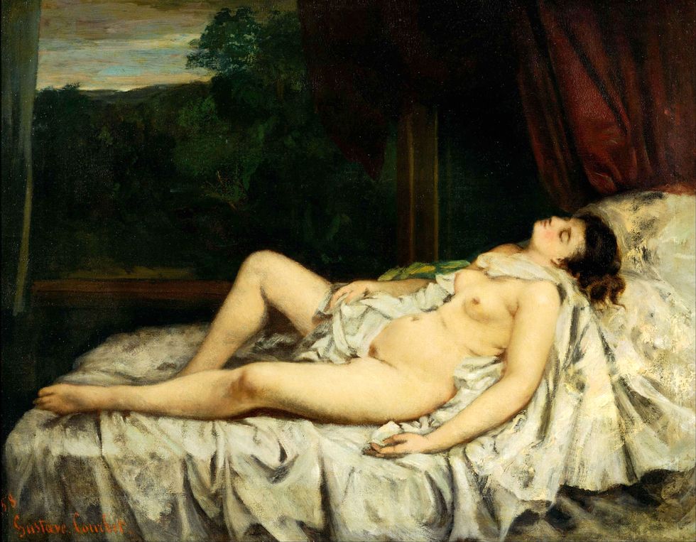 <p>When asked to make a painting of an angel, Gustave Courbet, the father of Realism, famously said, "I have never seen angels.  Show me one and I will paint one."  Courbet's nude is totally different from the flawless Venuses that populated canvases in the 1800s—rather she is totally real down to her rumpled stockings, non-idealized proportions, and unkempt armpit hair.  This daring emphasis on reality paved the way for the Impressionists like Monet to see the world through their own eyes rather than attempt for perfect illusionism.</p>