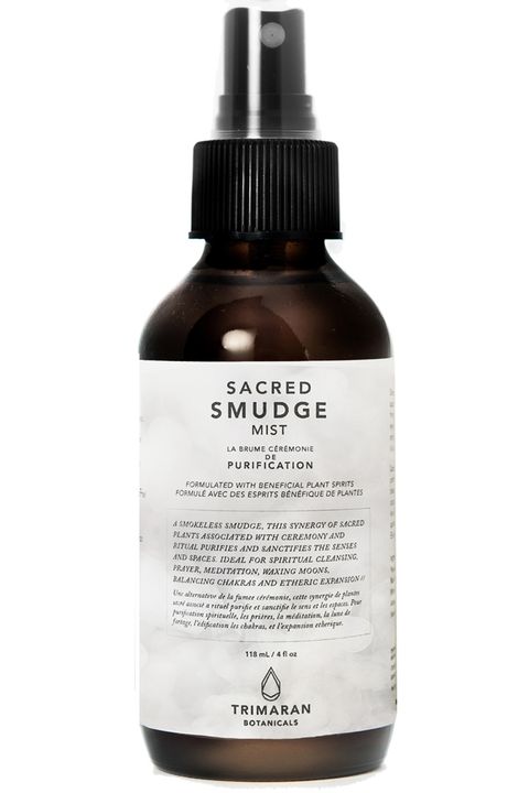 <p>This smokeless mist, containing sacred healing plants like white sage, desert sage and red cedar, is the next closest thing to smudging your space with sage. "To banish negative energies in a physical space," says Tabe, spritz it 12 inches away from your body and around the perimeter of a room, or in certain areas that feel off balance in any way, "then call in healing streams of grace, love and positive energy." </p><p><strong>Trimaran Botanicals</strong> Sacred Smudge Mist, $35, <a href="http://www.trimaranbotanicals.com/shop/sacred-smudge-mist" target="_blank">trimaranbotanicals.com</a>.</p>